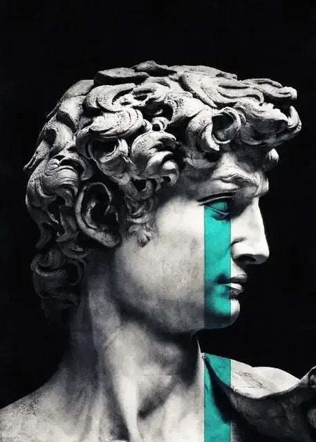 Decorbites™ david graffiti art canvas print featuring a marble sculpture with teal stripe for room decor