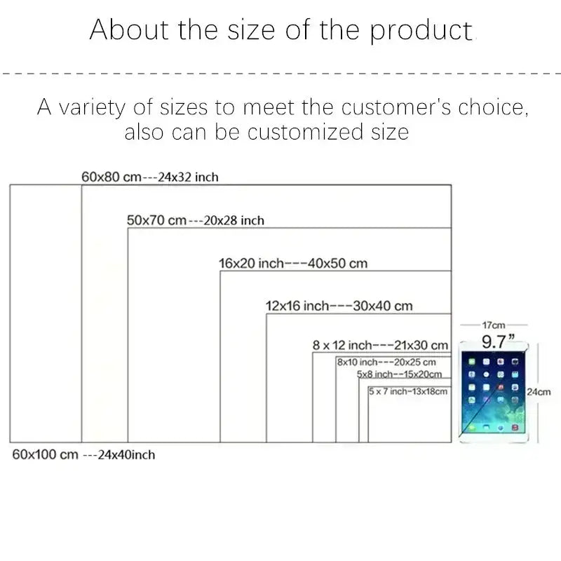 A 9.7-inch tablet next to size charts for decorbites™ david graffiti art canvas print for room decor