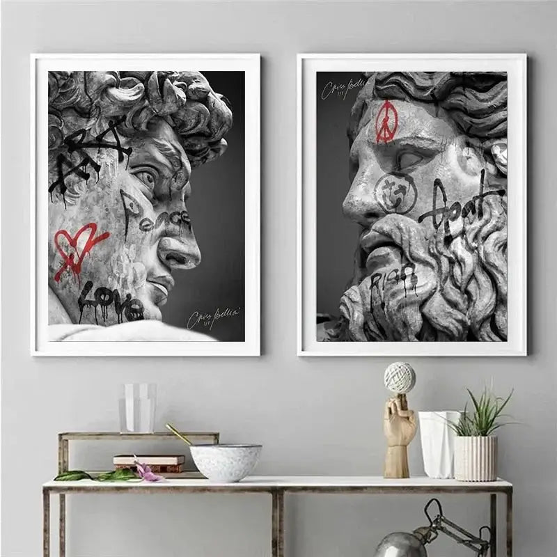 Two framed black-and-white decorbites™ david graffiti art canvas prints featuring stylized classical statues in white frames