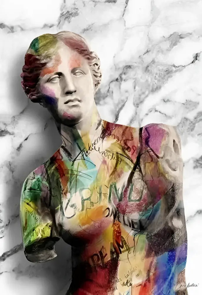 Decorbites™ david graffiti art canvas print featuring a vibrant abstract female sculpture with rainbow hair and markings