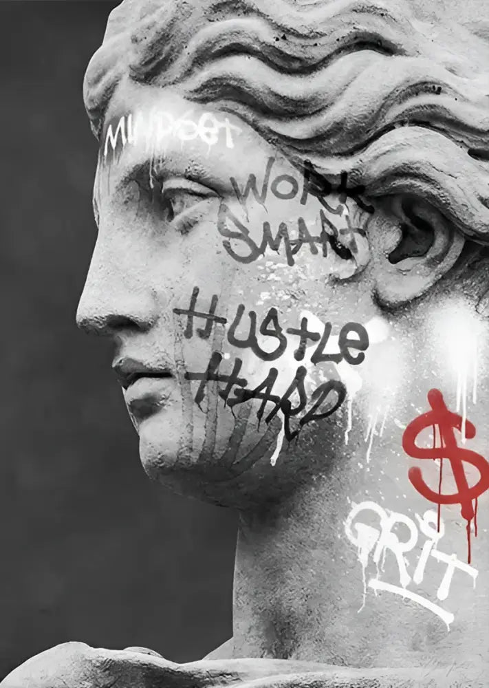 DecorBites david graffiti art canvas print featuring gray marble statue with bold black and red graffiti art words