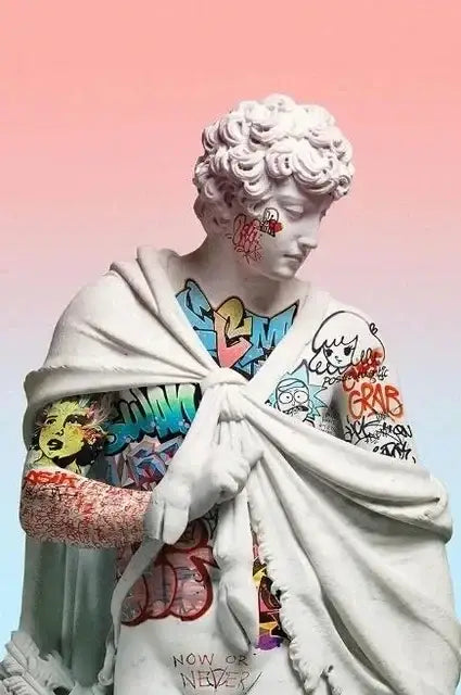 Decorbites™ david graffiti art canvas print featuring a white marble statue with colorful graffiti art draped garment
