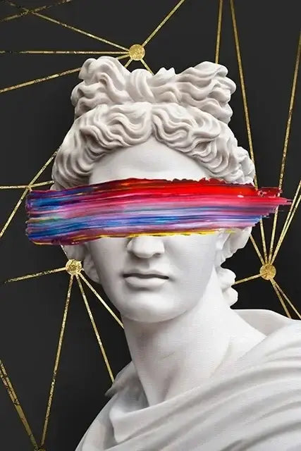 Decorbites™ david graffiti art canvas print featuring a white marble statue with a colorful rainbow brushstroke