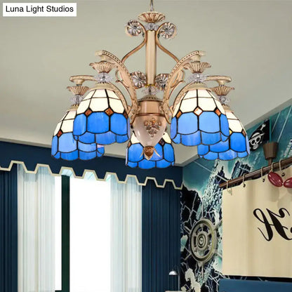 DecorBites™ dazzling baroque chandelier light fixture in blue and white stained glass with gold-toned metal arms
