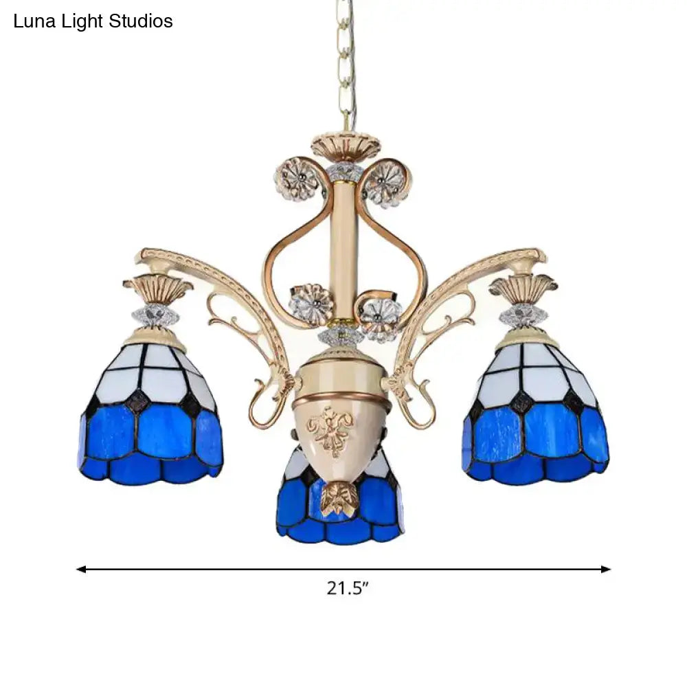 Decorbites dazzling baroque chandelier light fixture in blue and white stained glass with gold-toned metal arms