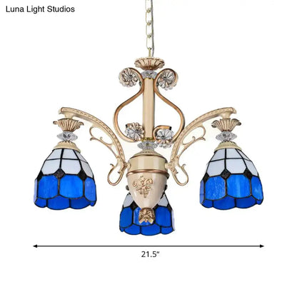 Decorbites dazzling baroque chandelier light fixture in blue and white stained glass with gold-toned metal arms