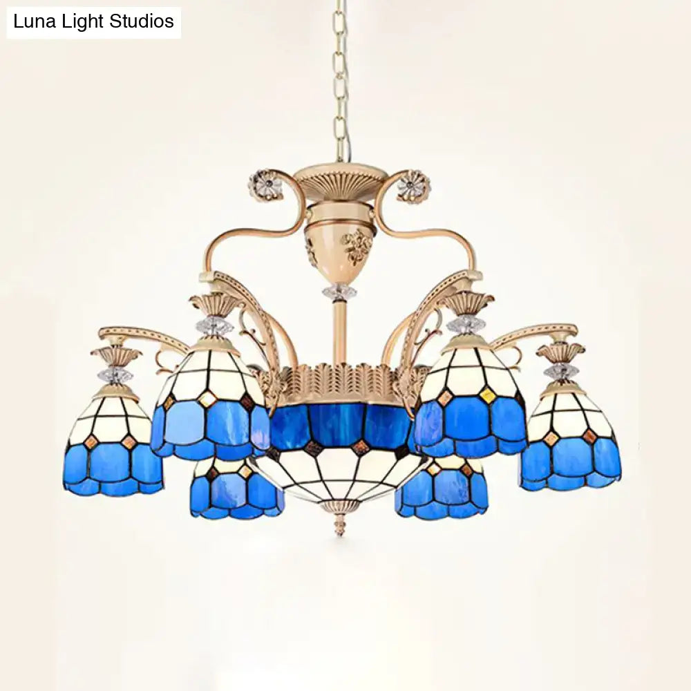 DecorBites™ dazzling baroque chandelier light fixture in blue and white stained glass with gold-toned metal accents