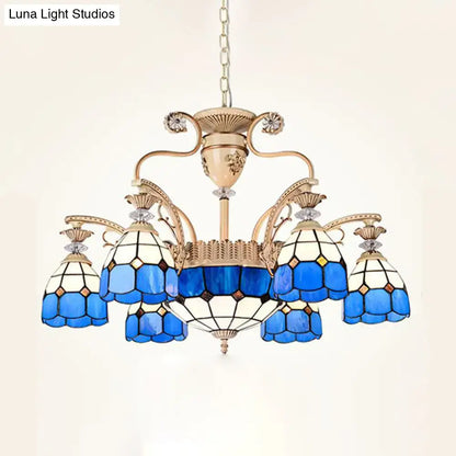 DecorBites™ dazzling baroque chandelier light fixture in blue and white stained glass with gold-toned metal accents