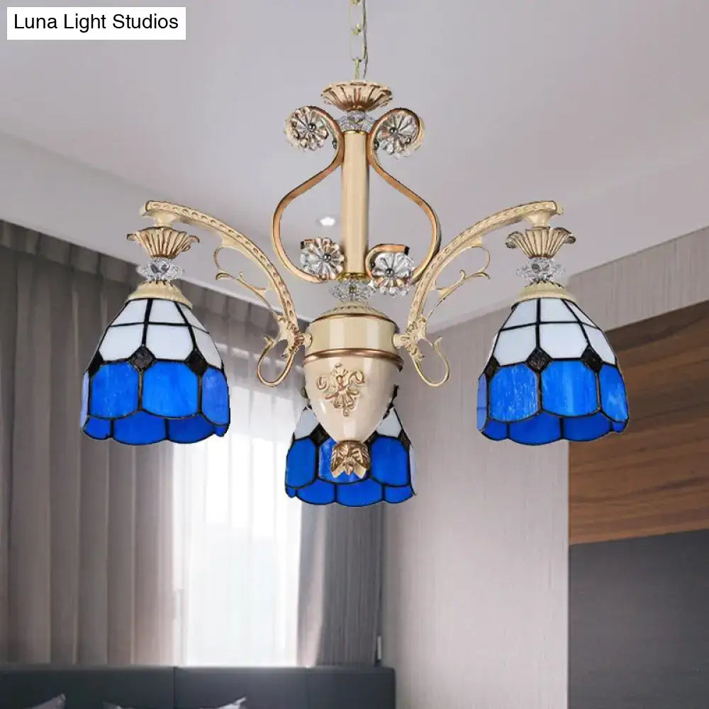 DecorBites™ dazzling baroque chandelier light fixture in blue and white stained glass with gold-toned ornate metalwork