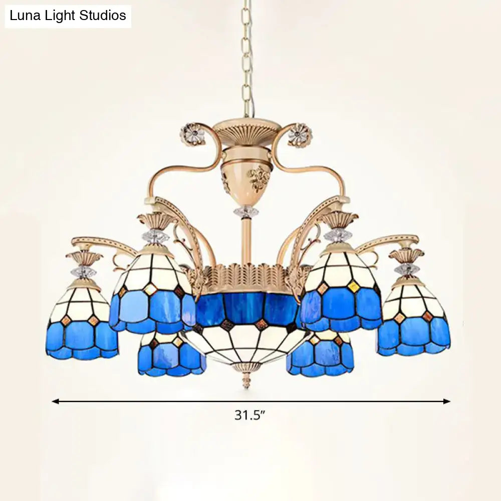 DecorBites dazzling baroque chandelier light fixture in blue and white stained glass with gold-toned metal accents