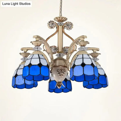 Decorbites dazzling baroque chandelier light fixture in blue and white stained glass with gold-toned metal accents