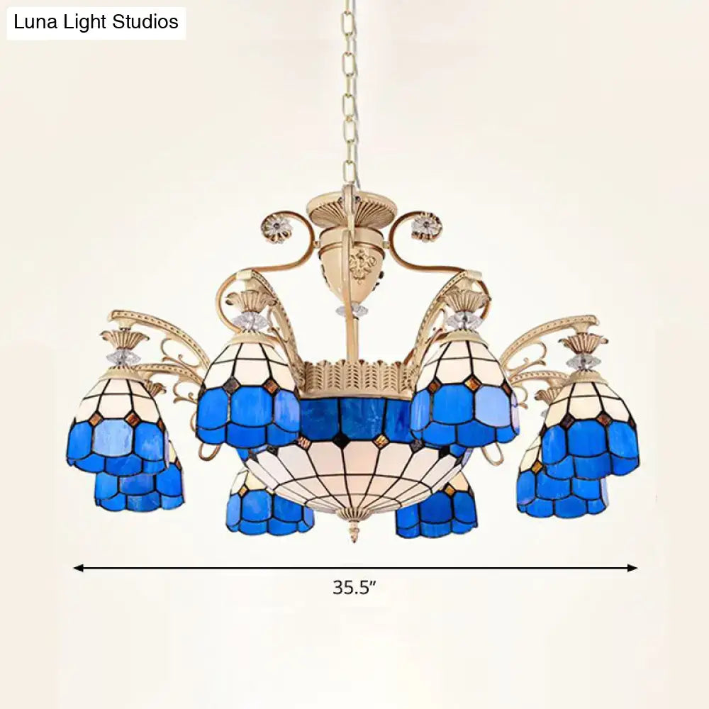 Decorbites dazzling baroque chandelier light fixture in blue and white stained glass with gold-toned metalwork