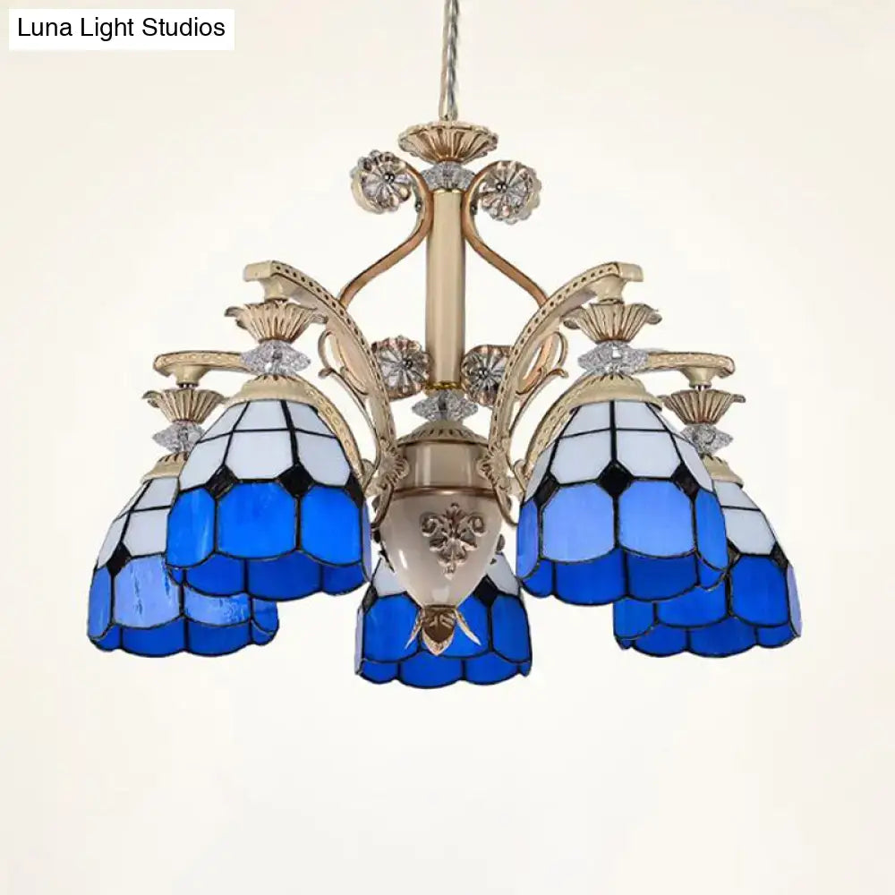 Decorbites™ dazzling baroque chandelier blue light fixture with white stained glass and gold-toned metal accents