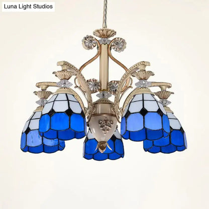 Decorbites™ dazzling baroque chandelier blue light fixture with white stained glass and gold-toned metal accents