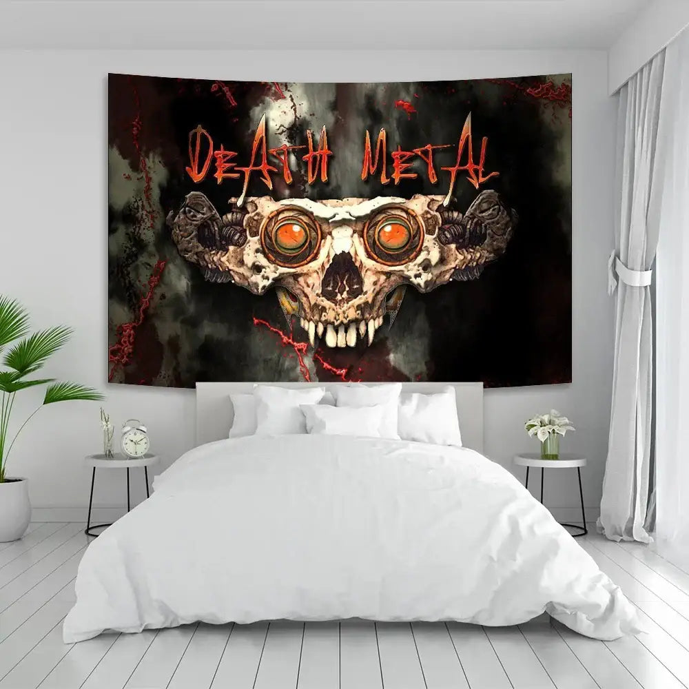 Decorbites deaths metal wall tapestry featuring a skull with glowing orange eyes and bold red lettering for bedroom art