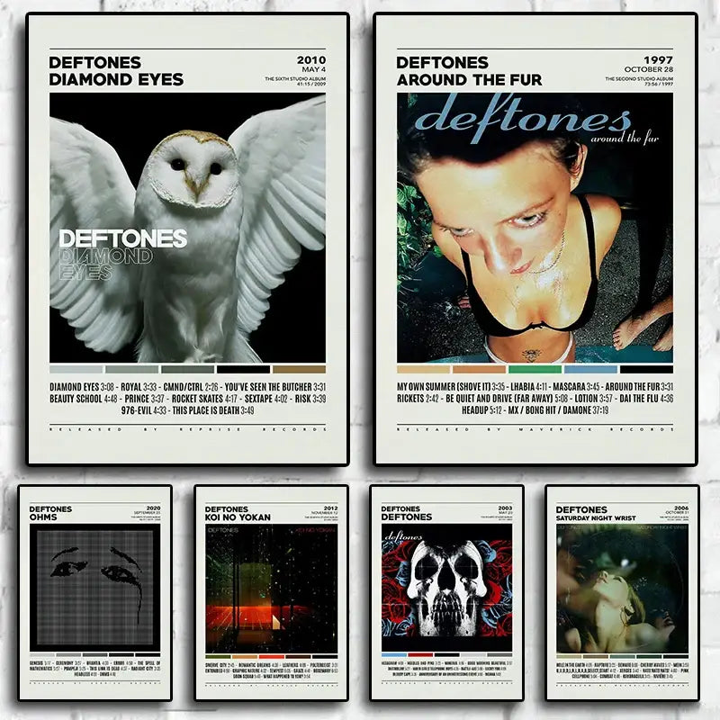 Set of six deftones canvas paintings featuring vintage-style black and white and color album cover artwork on canvas