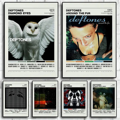 Set of six deftones canvas paintings featuring vintage-style black and white and color album cover artwork on canvas