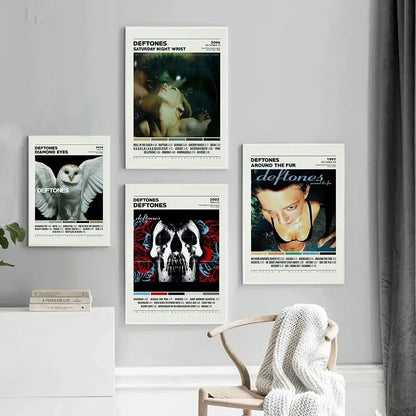 White framed deftones canvas painting featuring album art and tour dates as decorbites™ wall art collection