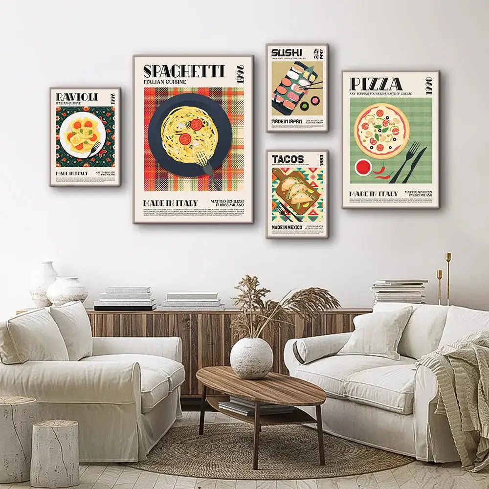 Set of five vintage-style food-themed canvas paintings featuring delicious world cuisine for wall art decor