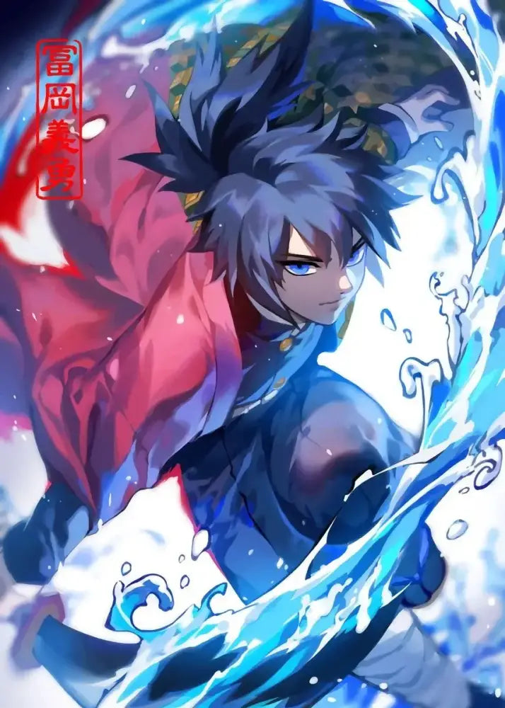 Anime-style rengoku art poster canvas featuring a male character with spiky dark blue hair and blue water effects