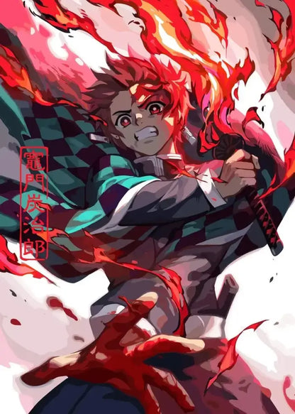 A dynamic rengoku art poster canvas featuring a young man with fiery red hair wielding a sword amid flames for home decor