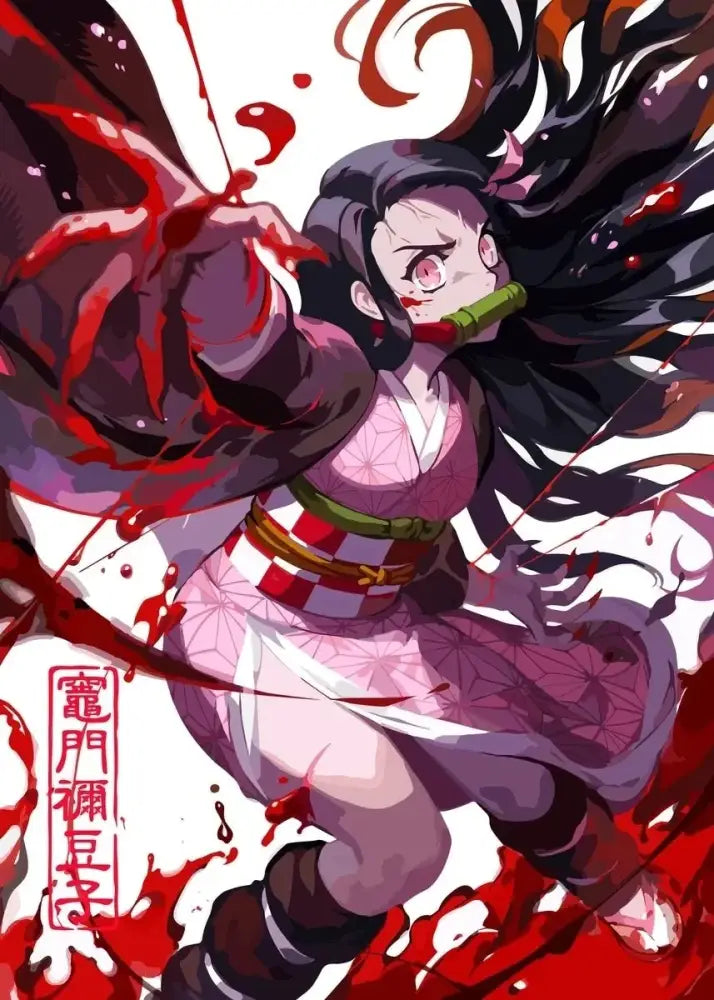 A dynamic rengoku art poster canvas featuring a female character in pink kimono wielding a sword with blood splashes