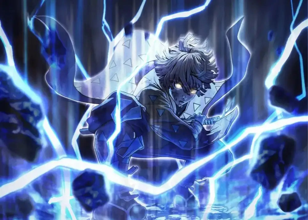 Decorbites™ demon slayer rengoku art poster canvas featuring dynamic character in dark blue with glowing patterns and electric effects