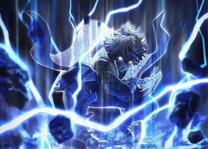 Decorbites™ demon slayer rengoku art poster canvas featuring dynamic character in dark blue with glowing patterns and electric effects