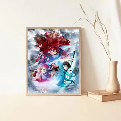 A framed rengoku art poster featuring vibrant anime characters in dynamic poses against a stormy backdrop in a light wood frame