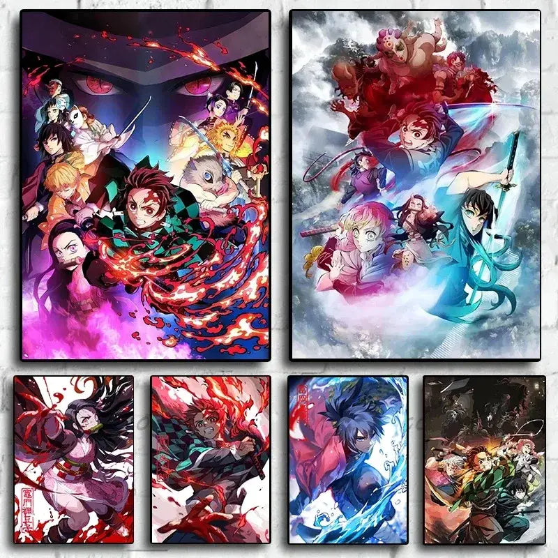 DecorBites™ rengoku art poster canvas featuring vibrant demon slayer characters in dynamic action scenes with bold colors