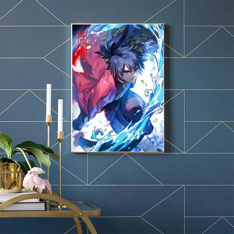 A vibrant rengoku art poster canvas featuring a character with spiky blue hair and dynamic water splashes in red clothing