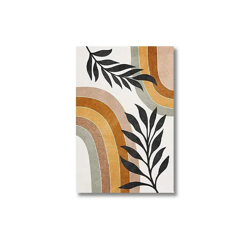 A rectangular modern art canvas featuring geometric sun and desert plants with earthy tones and black leaf silhouettes wall art