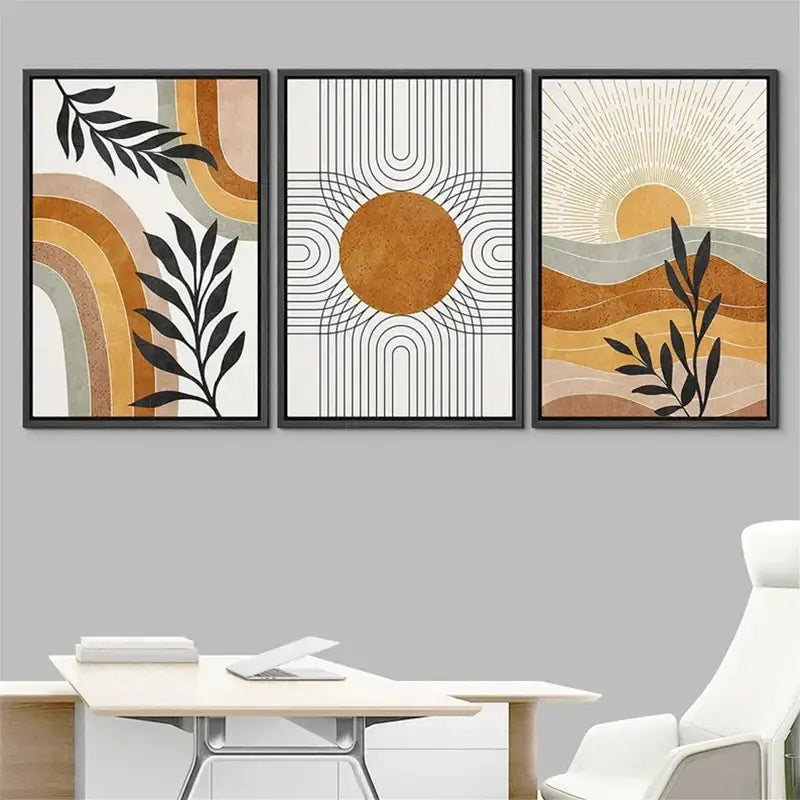 Set of three framed abstract wall art pieces with earthy tones featuring geometric sun and desert plants designs