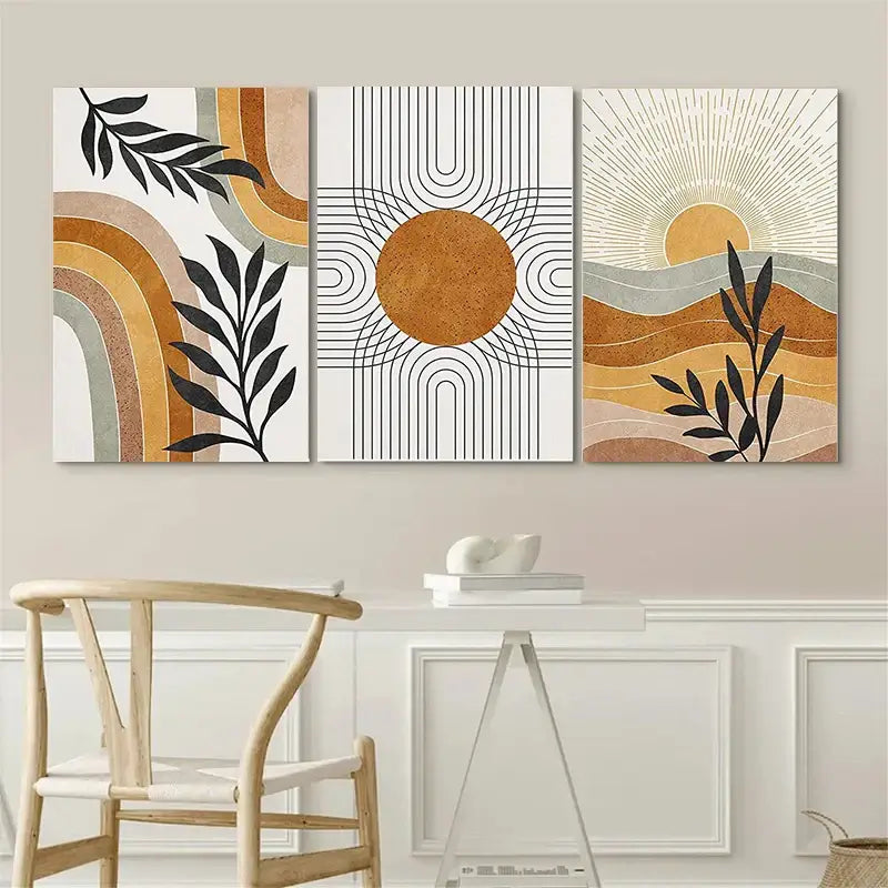 Set of three DecorBites™ Desert Plants Geometric Sun wall art panels with earthy tones and black leaf silhouettes