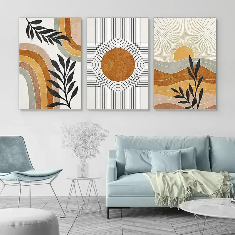 Set of three DecorBites desert plants wall art panels featuring geometric sun and leaf motifs in earthy ochre tones