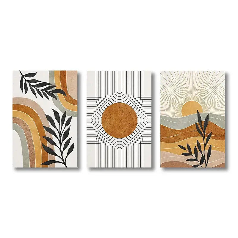 Set of three DecorBites™ modern abstract wall art panels with geometric sun and desert plants in earthy tones