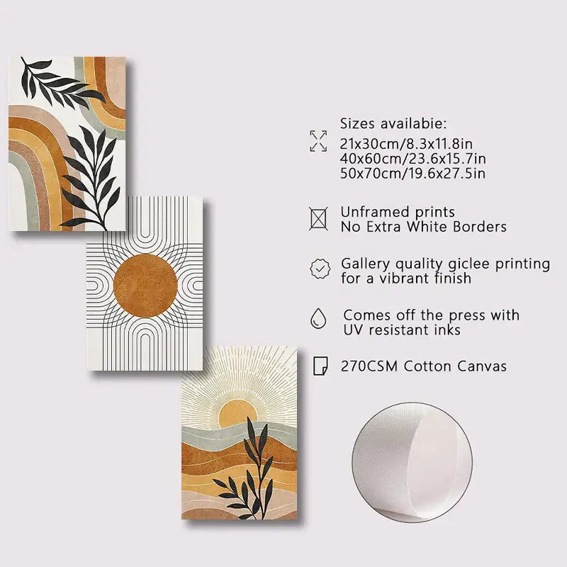 Three unframed giclee prints on cotton canvas featuring geometric sun and desert plants wall art in earthy tones