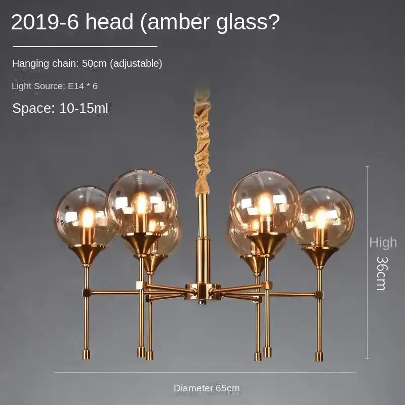 DecorBites™ designer metal chandelier with brass finish five amber glass globe shades and twisted rope hanging chain