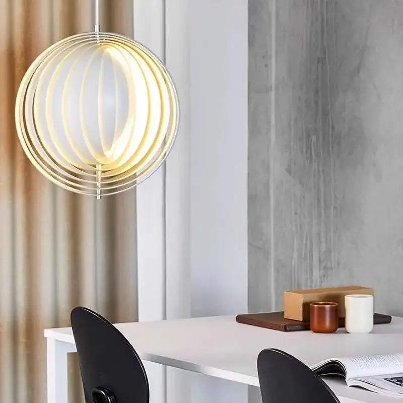 A decorbites designer moon led chandelier with wooden rings and translucent concentric circles emitting warm light
