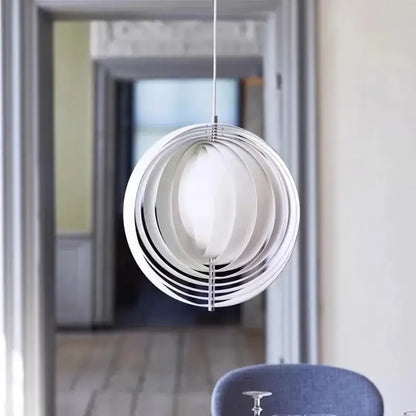 A sleek decorbites designer moon led chandelier with concentric silver wooden rings and a soft white central bulb