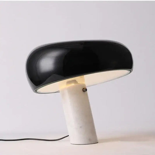 Black glossy decorbites designer mushroom lamp with white marble base ideal for study room decor and lighting