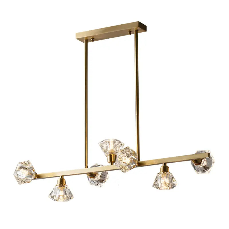 Brass-finished modern design chandelier with five faceted crystal shades for linear restaurant island lamp use