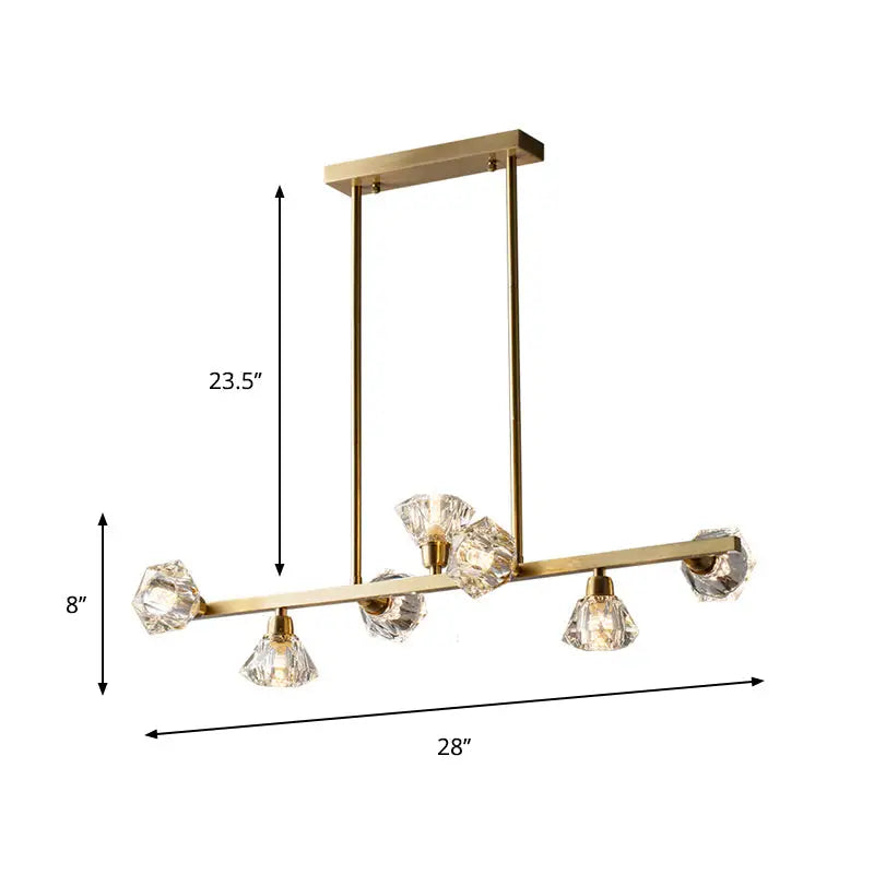 Decorbites diamond crystal brass pendant with 7 lights features a gold-toned linear restaurant island lamp in modern design