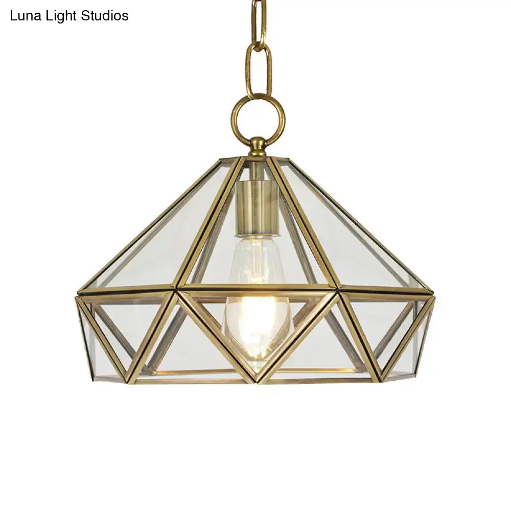 DecorBites™ diamond pendant light in brass with clear glass panels and visible bulb suitable for 220v-240v 110v-120v use