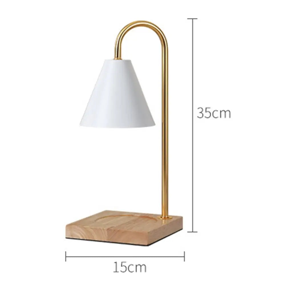 DecorBites™ dimmable candle warmer lamp with white conical shade, gold metal stem, and natural wood base