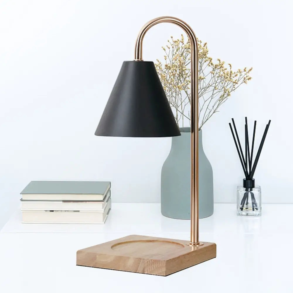Modern decorbites™ dimmable candle warmer lamp with matte black shade rose gold stem and wooden base warmer lamp