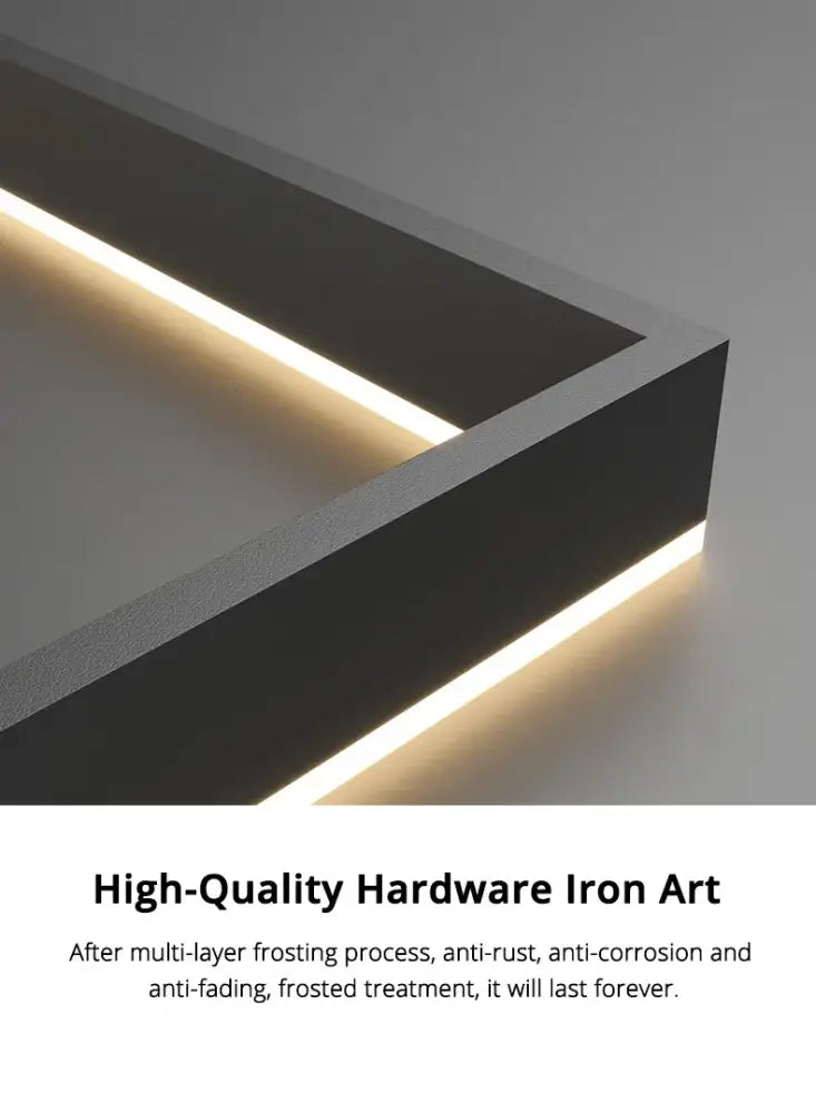 Black rectangular led ceiling chandelier with frosted glass panels and warm white light strips by DecorBites for living room