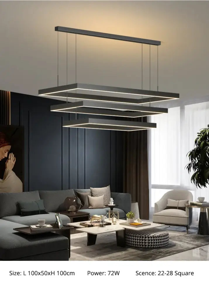 Modern black rectangular led ceiling chandelier with layered geometric design by decorbites for living room lighting