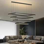 Modern black rectangular dimmable LED ceiling chandelier with layered geometric design for living room by DecorBites