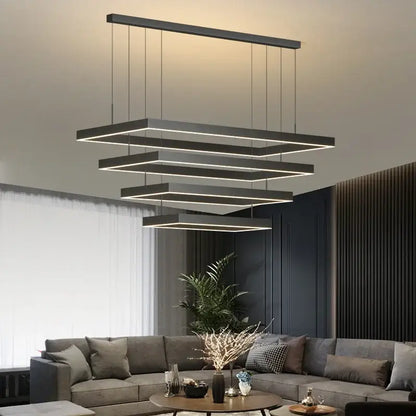 Modern black rectangular dimmable LED ceiling chandelier with layered geometric design for living room by DecorBites